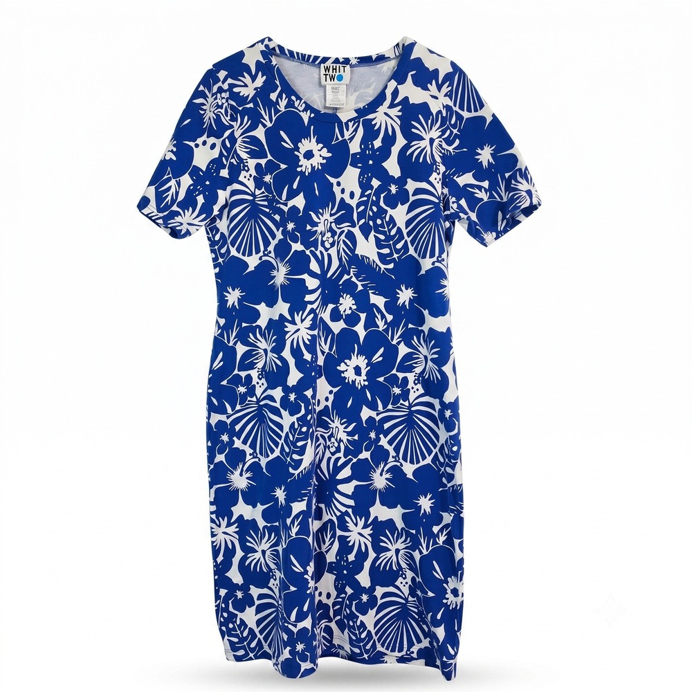 Whit Two Anthropologie T-Shirt Dress XL Blue White Tropical Hibiscus Floral Knit